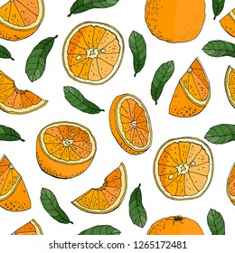 Seamless pattern with Orange Isolated on white background. Handmade. Vector, floral ornament. Print for bed linens, fabric, textiles, wallpaper, greeting cards, wrapping paper, gift box 

