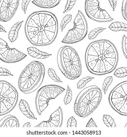 Seamless pattern with Orange Isolated on white background. Handmade. Vector, floral ornament. Print for bed linens, fabric, textiles, wallpaper, greeting cards, wrapping paper, gift box 
