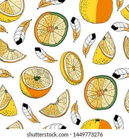Seamless pattern with Orange Isolated on white background. Handmade. Vector, floral ornament. Print for bed linens, fabric, textiles, wallpaper, greeting cards, wrapping paper, gift box 
