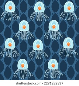 Seamless pattern with orange jellyfish vector illustration on blue background