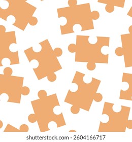 Seamless pattern of orange jigsaw puzzle pieces on a white background, representing problem-solving, teamwork, and connection