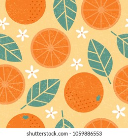 Seamless pattern. Orange juicy fruits leaves and flowers on shabby background.