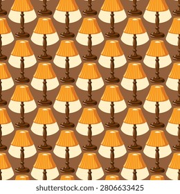 Seamless pattern with orange lamps and warm light on brown background. Cartoon vector cozy interior background