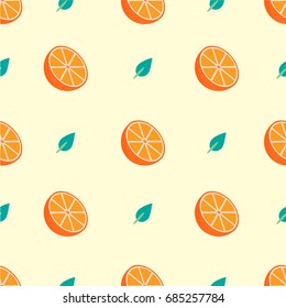 Seamless pattern with orange and leaf on yellow background, sweet color.