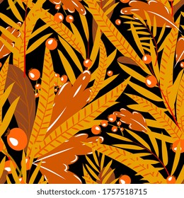 seamless pattern with orange leaves and berries. Abstract floral background. Hand drawing