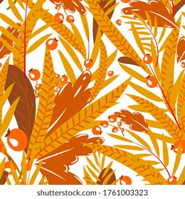 seamless pattern with orange leaves and berries. Abstract floral background. Hand drawing