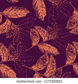 Seamless pattern orange leaves on burgundy background. Vector.