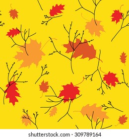 Seamless pattern with orange leaves and sticks on yellow background. Vector illustration.