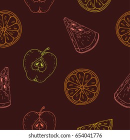 seamless pattern. orange. lemon. apple. watermelon. brow background.
