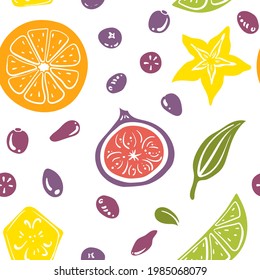 Seamless pattern with orange, lemon, banana, star fruit slices top view. Colorful paper cut collection of fruits and berries isolated on white background. Doodle hand drawn fruits. Vector illustration