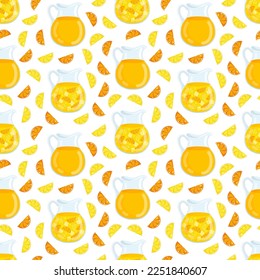 Seamless pattern with orange lemon juice in a glass decanter with pieces of fruit. Vector illustration of citrus lemonade in a jug for fabric, textures, wallpapers, posters, cards. Editable elements.