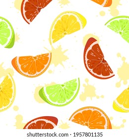 Seamless pattern. Orange, lemon, lime, grapefruit. Citrus slices. Close-up. Vector.