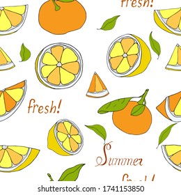 Seamless pattern with orange and lemon slices for creativity.  Vector hand draw  Illustration EPS10