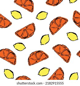 seamless pattern of orange and lemon slices, sketch style. Orange, yellow and white colors