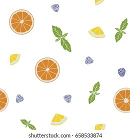 Seamless pattern with orange, lemon slices, mint, berries. Hand drawn fruits print on a white background. Light, delicate and airy.