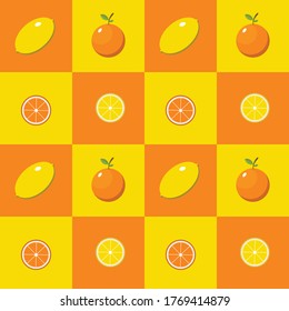 Seamless pattern with orange and lemons  background. Cute vector background. Bright summer fruits illustration. Fruit mix design for fabric and decor. backdrop fruits in eps 10