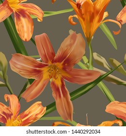 
Seamless pattern - orange lilies, flowers and buds, green leaves on a gray background. Wallpaper, fabric, greeting card, album cover.