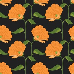 Seamless Pattern, Orange Lily Flowers On A Dark Background. Luxury Background, Vector