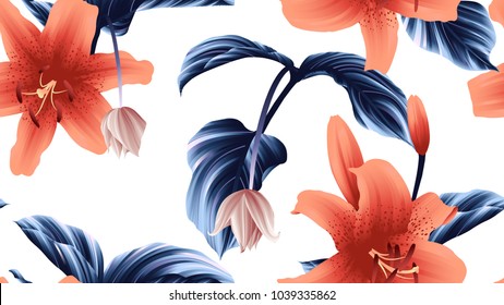Seamless pattern  orange lily flowers   Medinilla magnifica flowers and blue leaves white background  green  red   white tones