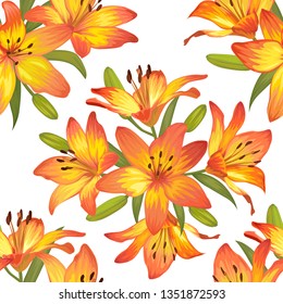 Seamless pattern of orange lily flowers background. Vector set of blooming floral for holiday invitations, greeting card and fashion design.