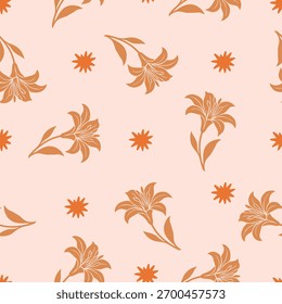 Nahtloses Muster mit orangefarbenen Lilienblumen und floralen Elementen auf weichem Pfirsichhintergrund. Elegantes botanisches Design, perfekt für Stoffdrucke, Tapeten, Schreibwaren, Verpackungspapier und Sommer 