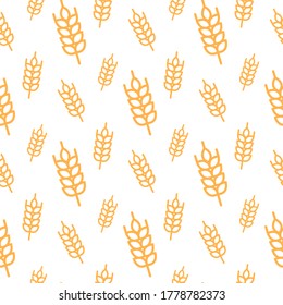 Seamless pattern of orange line wheat ears. Vector illustration isolated on white background.