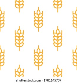 Seamless pattern of orange line wheat ears. Vector illustration isolated on white background.