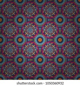 Seamless pattern in orange, magenta and blue colors. Vector abstract home decorative ornament, containing from geometric figures and mandalas.