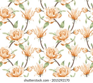 Seamless pattern of orange magnolia branches. Can be used for background, Tree branch of magnolia raster texture. Eastern floral blossom on white background. 