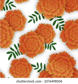 Seamless pattern with orange marigold and leaves.