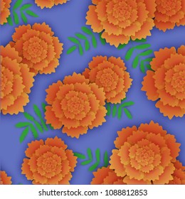 Seamless pattern with orange marigold and leaves. Vector illustration on lilac background