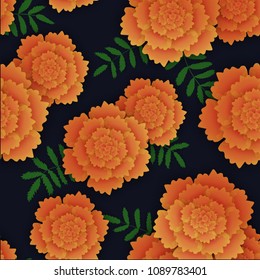 Seamless pattern with orange marigold and leaves.