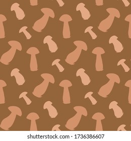 Seamless pattern with orange mushrooms on brown background. Vector image. 