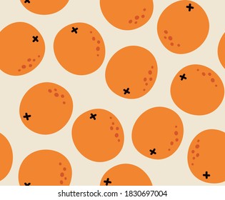 Seamless pattern of orange on a beige background. Hand-drawn orange pattern. Vegan food, fruit background. Colorful background texture for kitchen, wallpaper, textile.