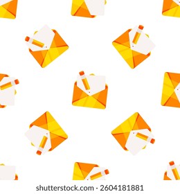 Seamless pattern of orange open envelopes with pencil and letter sticking out