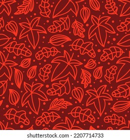 Patrón sin foco con hojas de otoño de contorno anaranjado. Diseño único para papel de regalo y tarjetas de felicitación de otoño en el día de Acción de Gracias