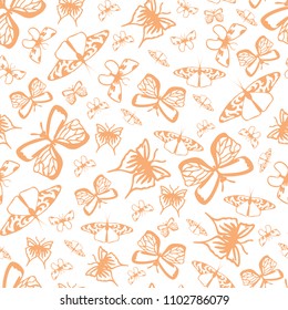 Seamless pattern with orange outline butterflies. Spring nature vector illustration