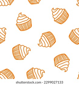 Seamless pattern with orange outline cupcakes