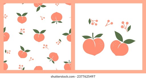 Seamless pattern with orange peach and berry on white background vector. peach icon set. 