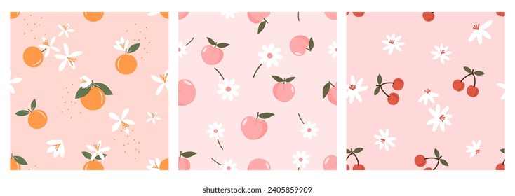 Seamless pattern with orange, peach, cherry and cute flower on pink backgrounds vector. Cute fruit print.