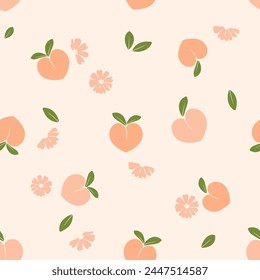 Seamless pattern with orange peach fruit, green leaves and flower on cream background vector. Cute fruit print.