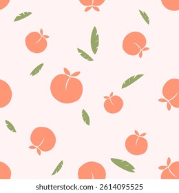 Seamless pattern with orange peach fruit and green leaves on pastel pink background vector.