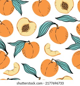 Seamless pattern with orange peaches and peach slices. Hand drawn peaches pattern on white background. for fabric, drawing labels, print, wallpaper of children's room, fruit background