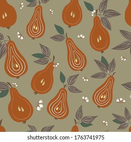 Seamless pattern with orange pear. Fruit background. Vector print for fabric and wallpaper, package.