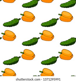 Seamless pattern of orange pepper and green cucumber on white background. Endless background for your design.