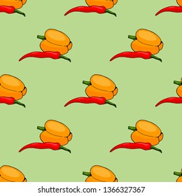 Seamless pattern of orange pepper and red hot pepper on light green background. Endless background for your design. Ingredients for cooking.
