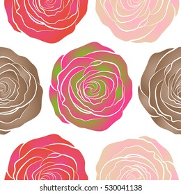 Seamless pattern with orange, pink and beige rose flowers, vector floral illustration in vintage style.