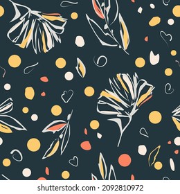 Seamless pattern of orange and pink botanical elements on a dark background. Abstract flowers and leaves. Sketchy style. Printing on wallpaper, covers, bed linen, textiles, fabrics.