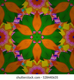 Seamless pattern with orange, pink, green. Flower. Vector.