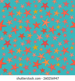 Seamless pattern with orange and pink starfishes on a teal blue background in a cartoon style.